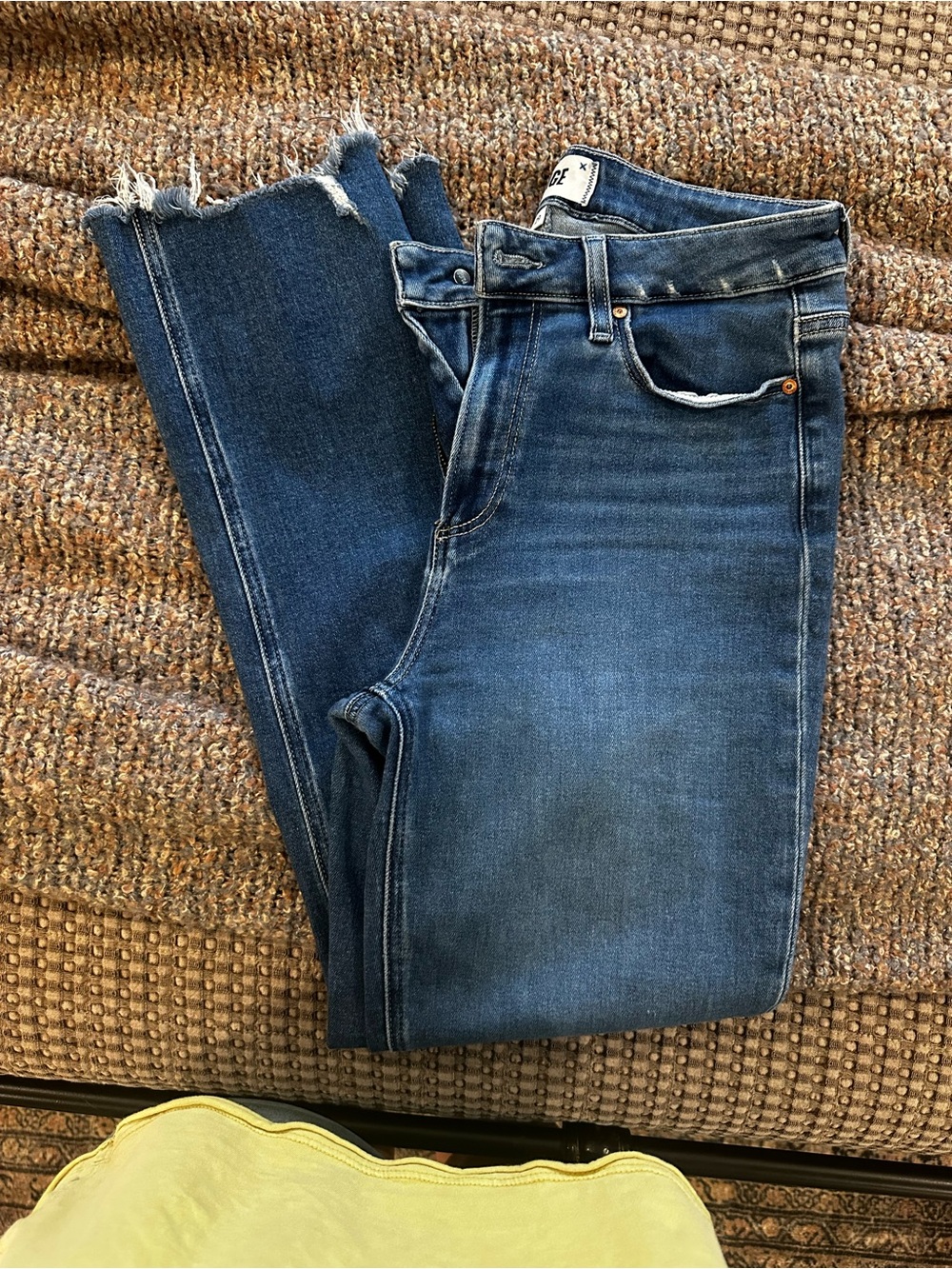 PAIGE Straight Leg Jeans in Medium Blue with Frayed Hem